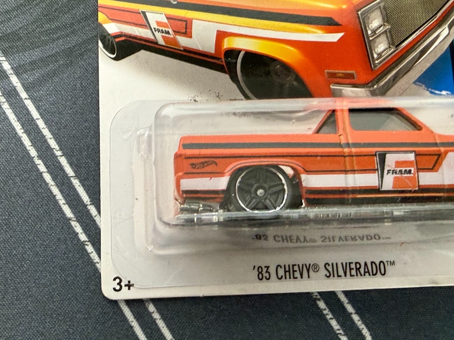 2015 Hot Wheels 1983 83 Chevrolet Silverado HW City Orange Fram Scan & Race Prot