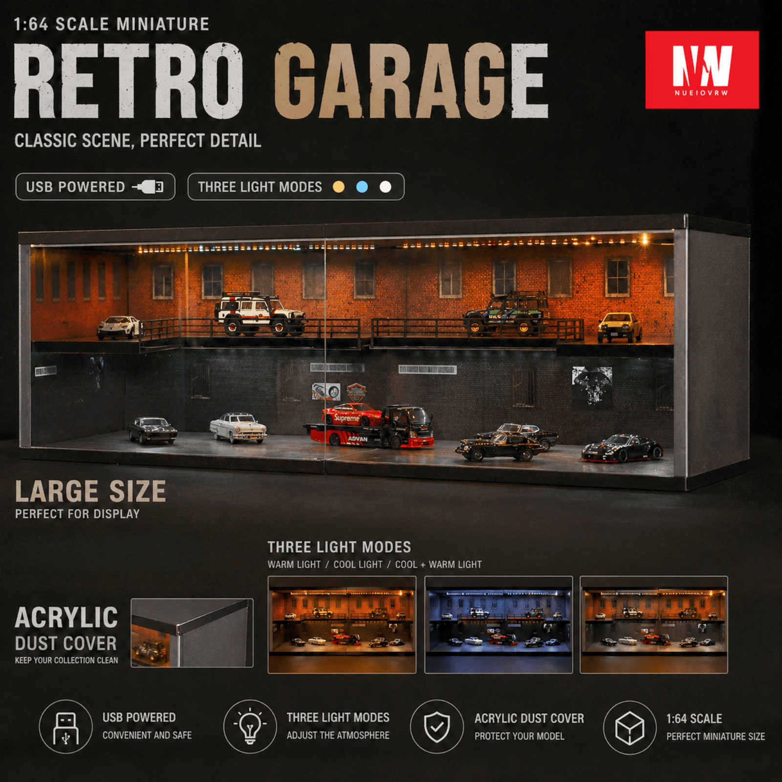 Diorama 1/64 Diecast Car Garage Model LED Lighting Parking Lot Display Case US