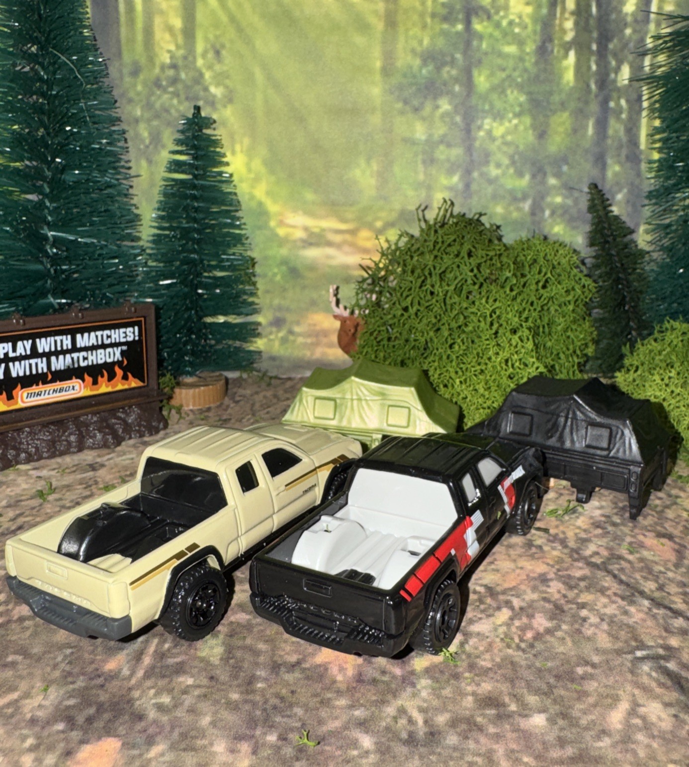 Lot Of 2 Toyota Tacoma Matchbox w/ Removable Camp Tent Black & Tan NLFFP 1:64 DC