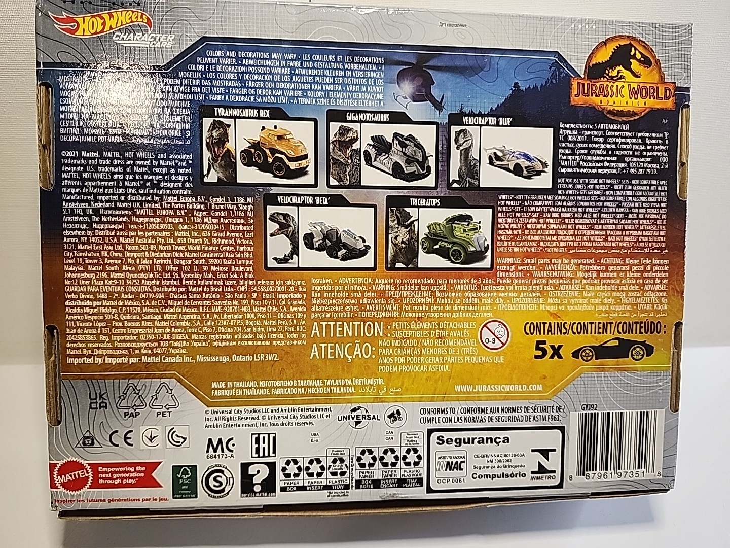 Hot Wheels Jurassic World Dominion Character Car 5 Pack Box Set Brand New