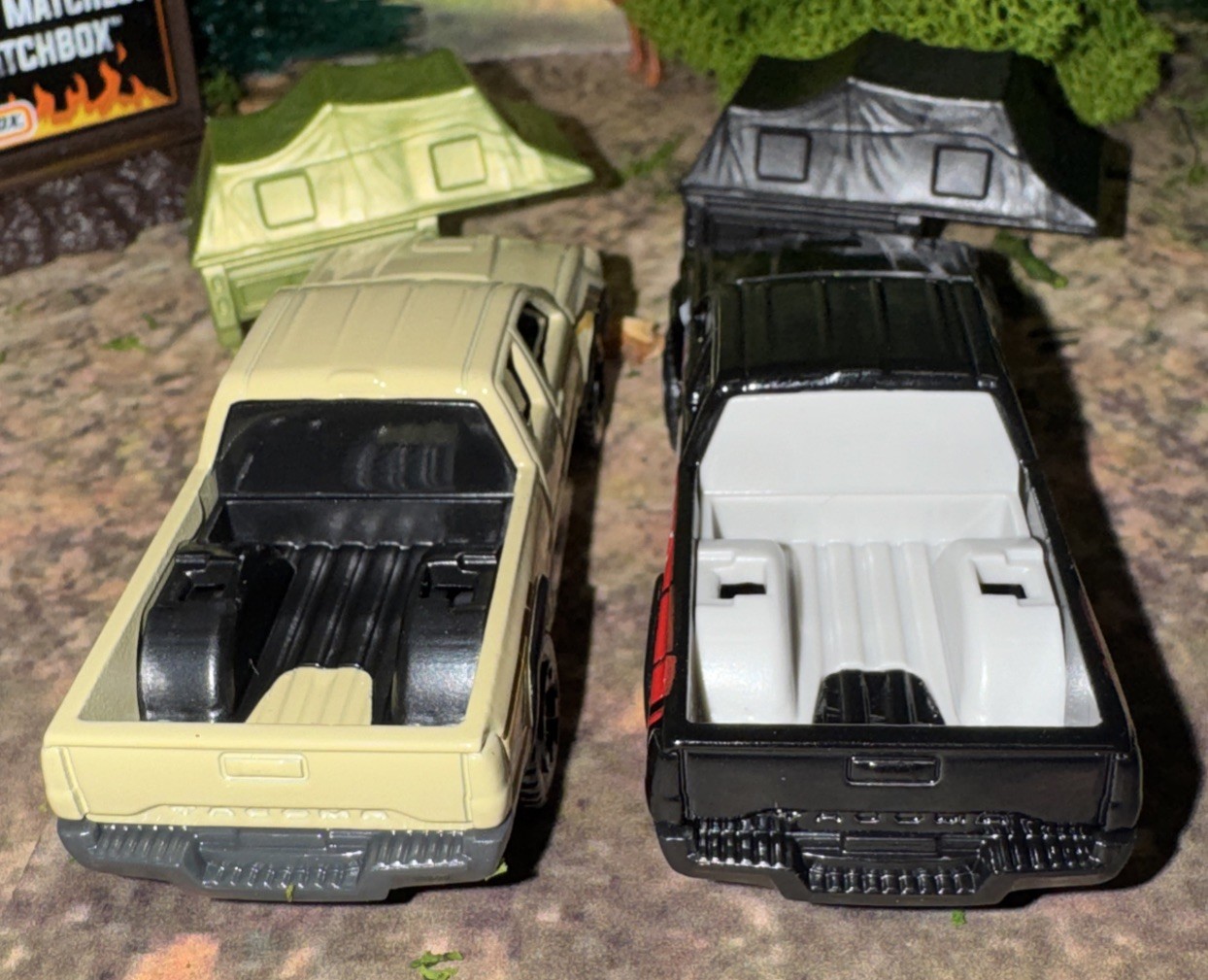 Lot Of 2 Toyota Tacoma Matchbox w/ Removable Camp Tent Black & Tan NLFFP 1:64 DC