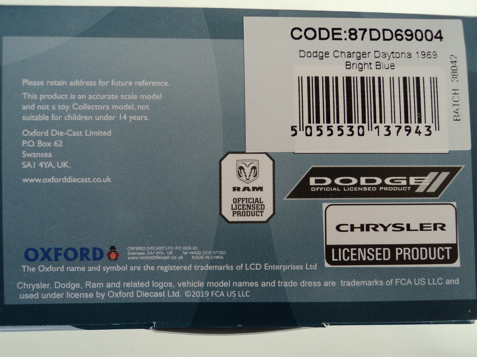 Oxford 1969 DODGE CHARGER DAYTONA Blue w/ Black Spoiler 1/87 HO diecast