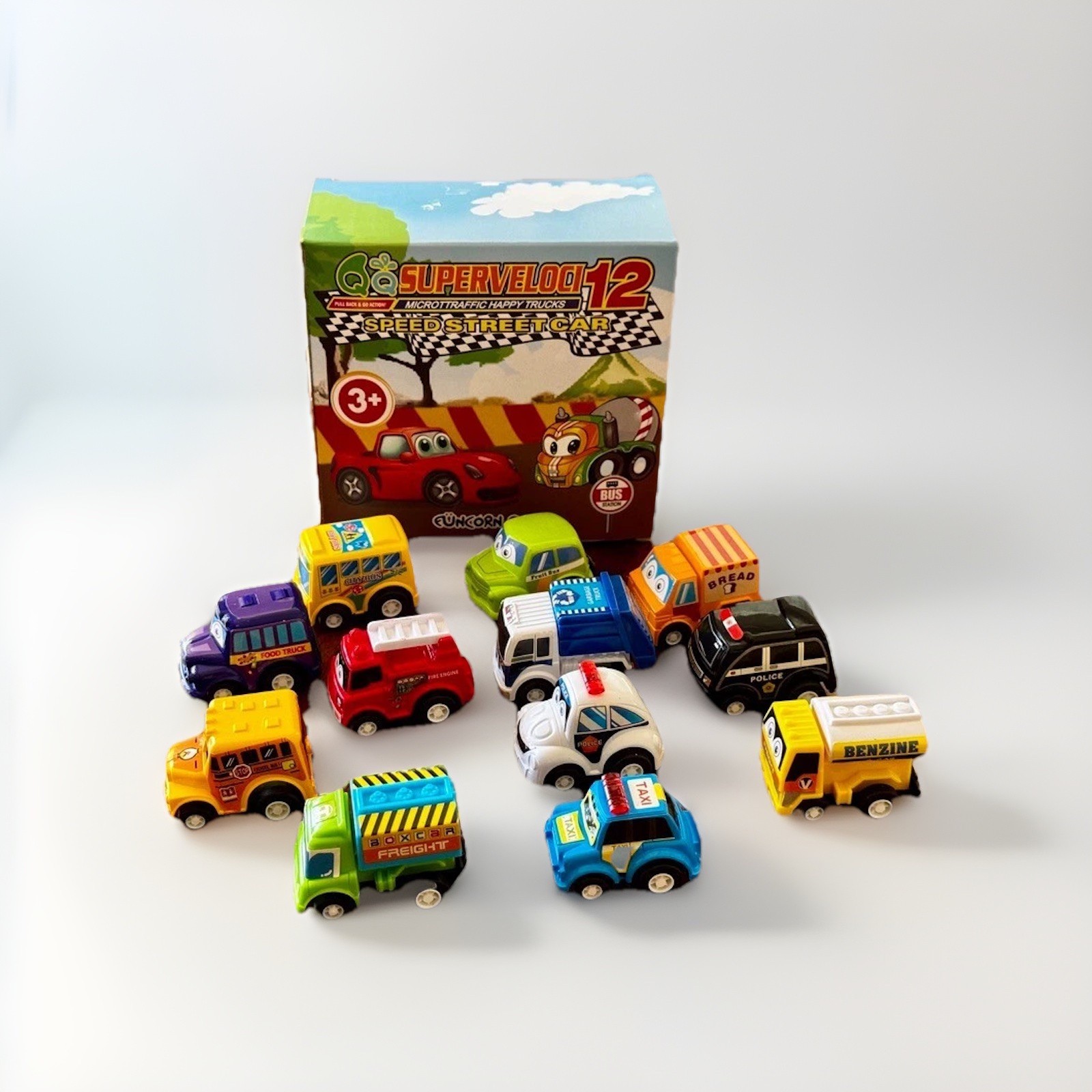 [FUNCORN TOYS] Superveloci 12 PACK – PullBack Microtraffic Trucks – Party Favors