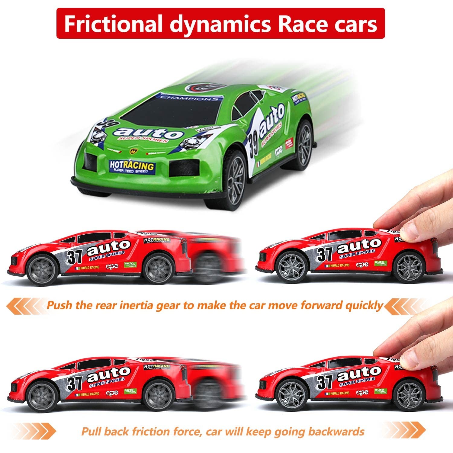 7 inch Friction Power Car Toys Set, Push and Go Pull Back Trucks Wind up Race…