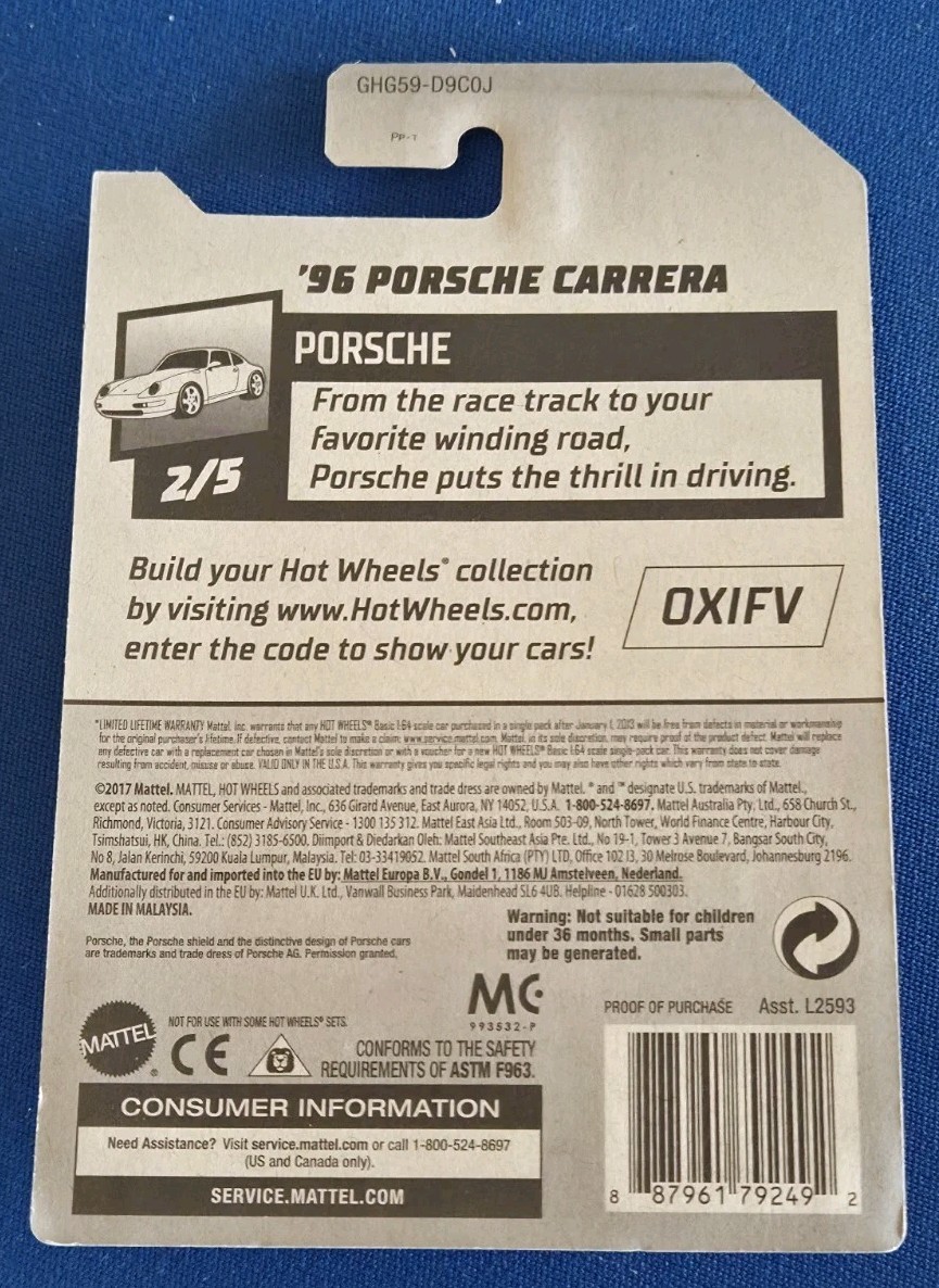 Hot Wheels ’96 Porsche Carrera Porsche Kroger Fry’s Exclusive 72/250 Silver