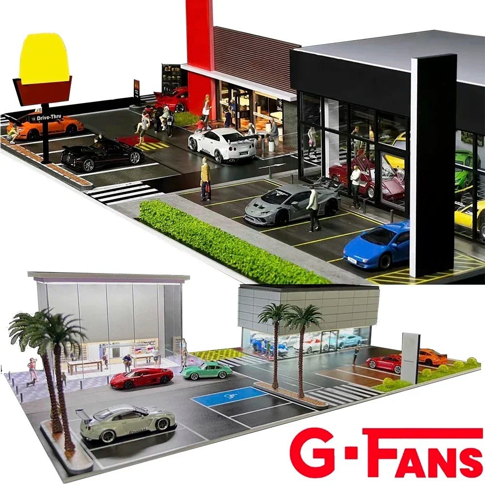 1/64 Diorama Car Garage Model LED Lighting City Street Gas Station Scene Models