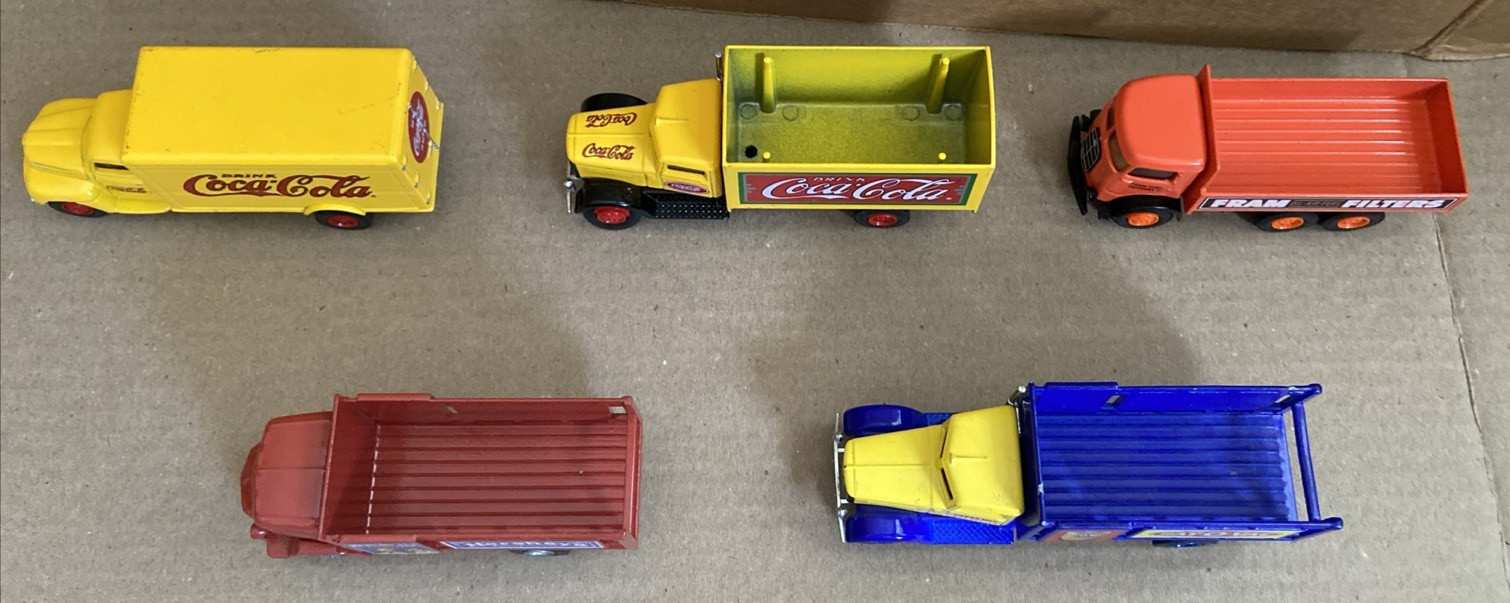 Five Vintage Hartoy Die-Cast Toy Trucks Coca-Cola / Fram /Ray-O-Vac / Hershey’s