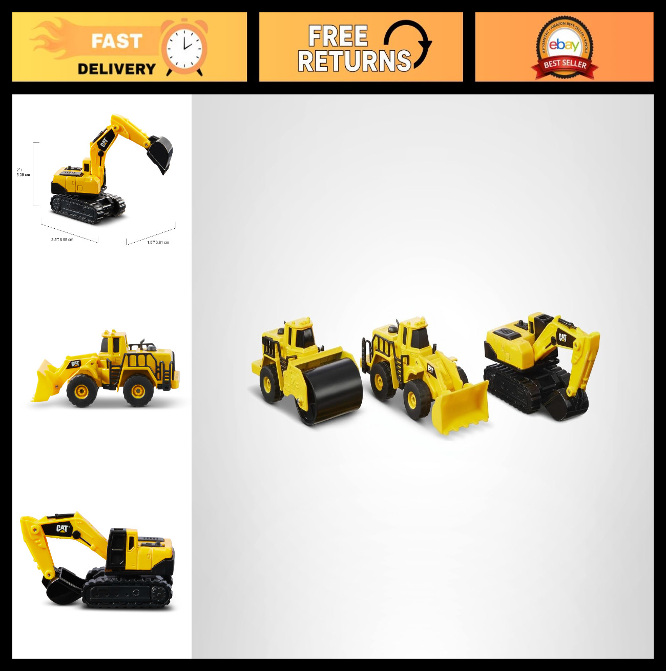 Construction Die Cast Metal Vehicles 3 Pack – Steam Roller, Excavator, Wheel Loa