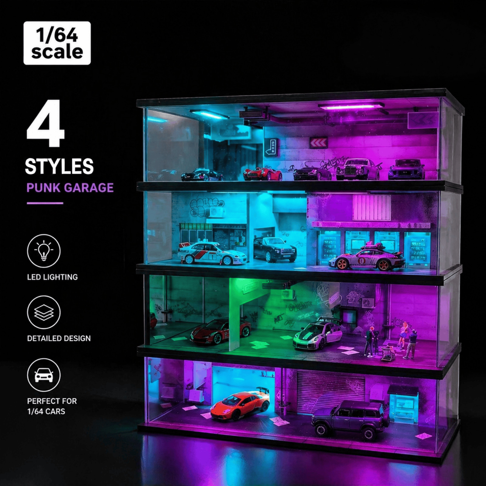 US Diorama 1:64 Diecast Garage Model LED Japanese Model Car Display Case Scene