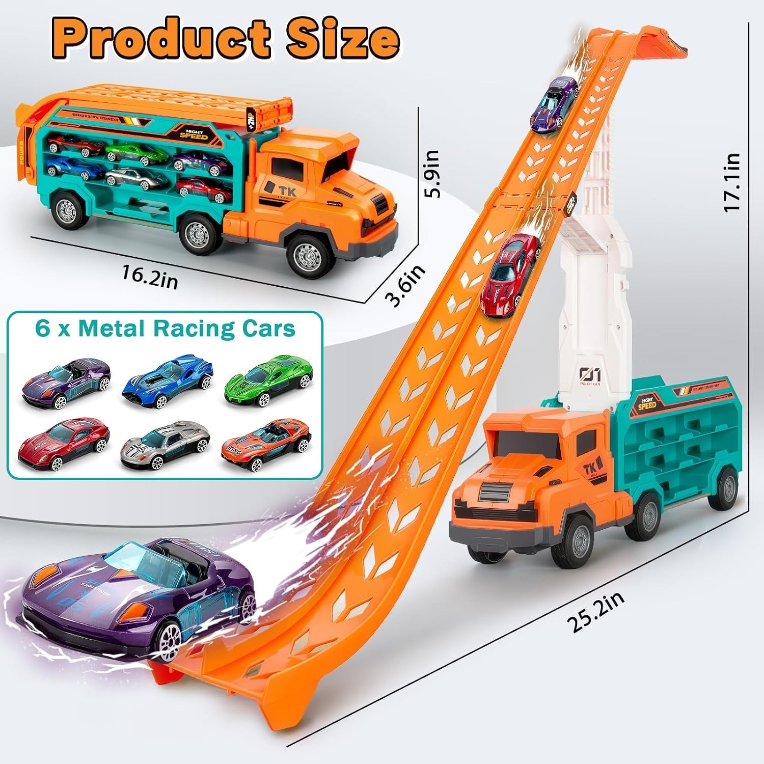 Carrier Truck Toys Race Track Transport Cars 2.8 Ft 6 Die-Cast Cars for Kids