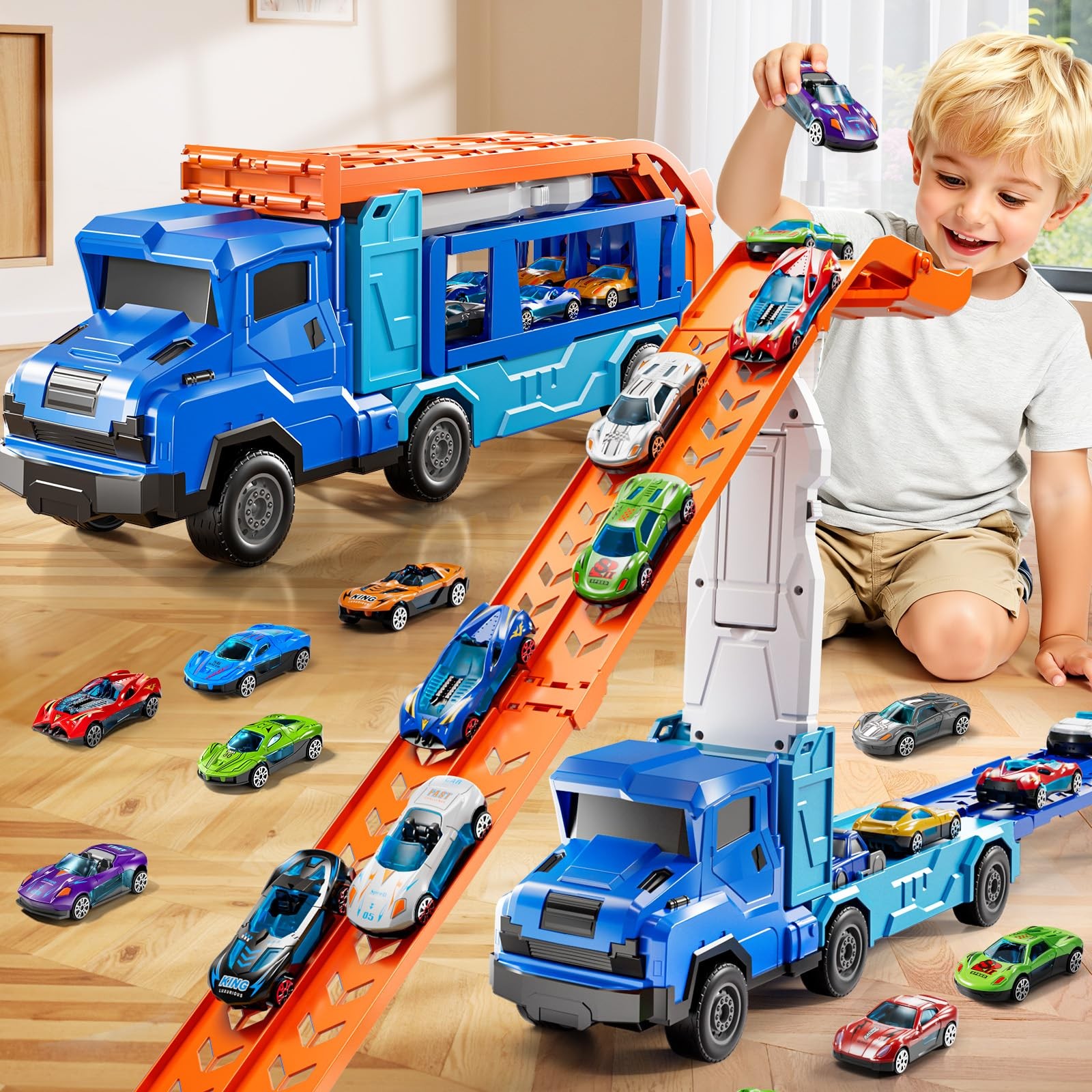 Car Truck Toys for 3 4 5 6 7 8 Years Old Boys, Transporter Truck Track Set wi…