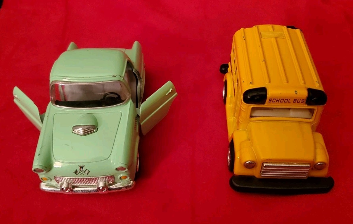 Vintage Diecast Kintoy Lot of 2 1955 Ford Thunderbird Schoolbus Pull-back Action