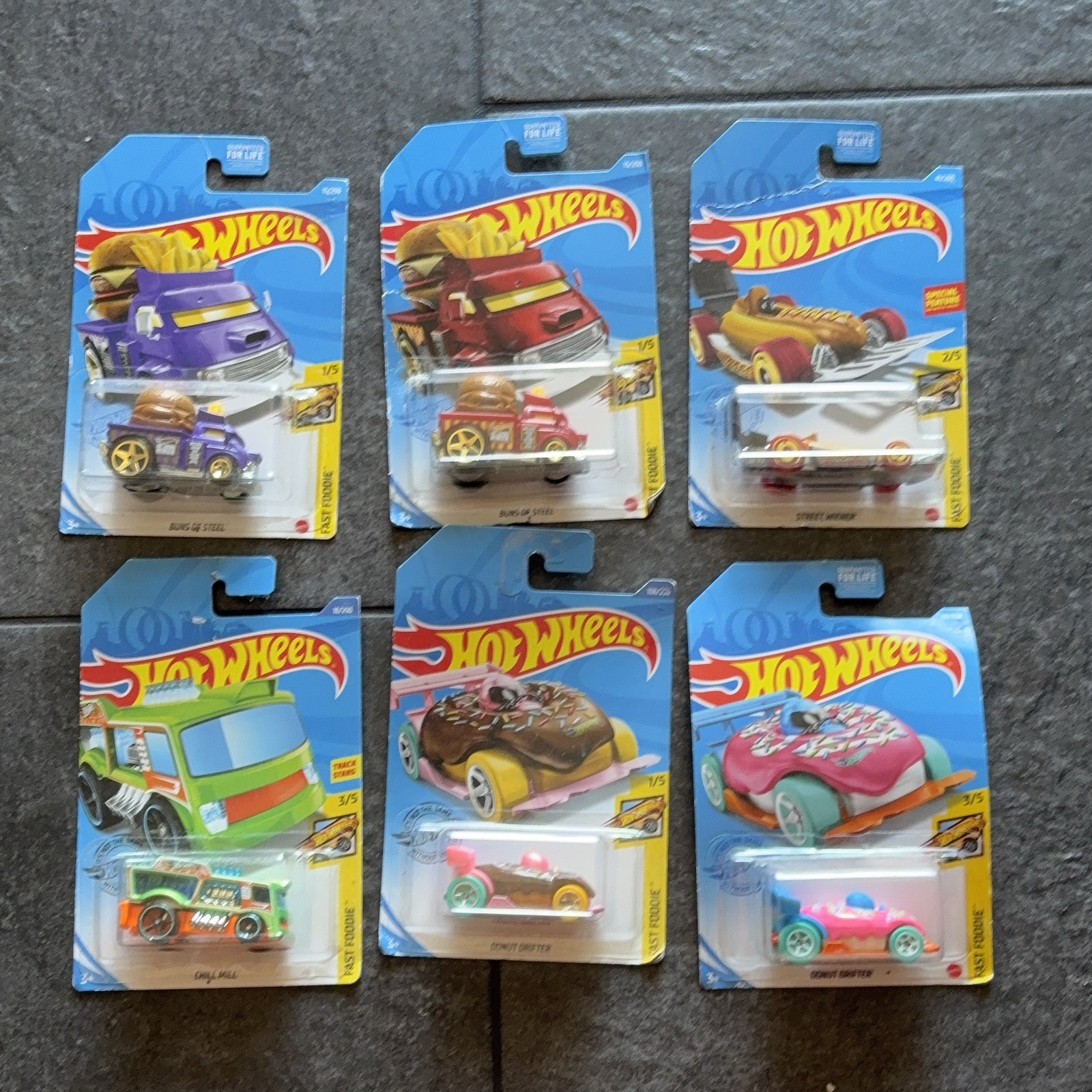 Hot Wheels Fast Foodie Lot 6 Buns Steel Donut Drifter Street Weiner Chill Mill