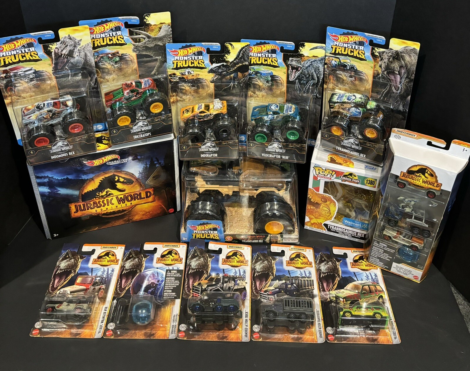 Jurassic World Mega Lot-T-Rex 1:24 Truck,H.W. 5 Car Set,Funko Pop,5 1:24 Trucks,