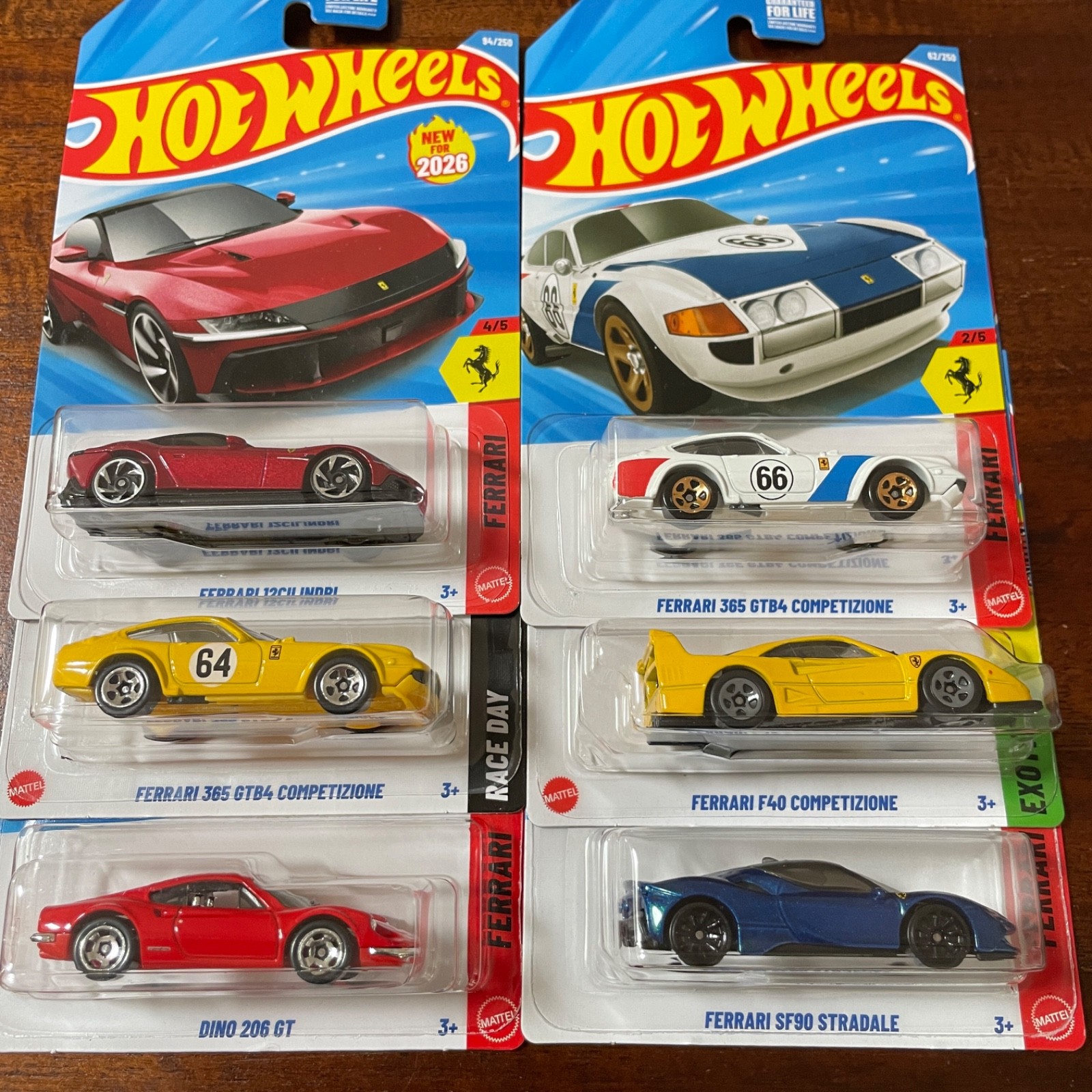 Hot Wheels Lot of 6 Ferraris, F40 yellow, 365 GTB4, 12Cilindri, SF90 Stradale
