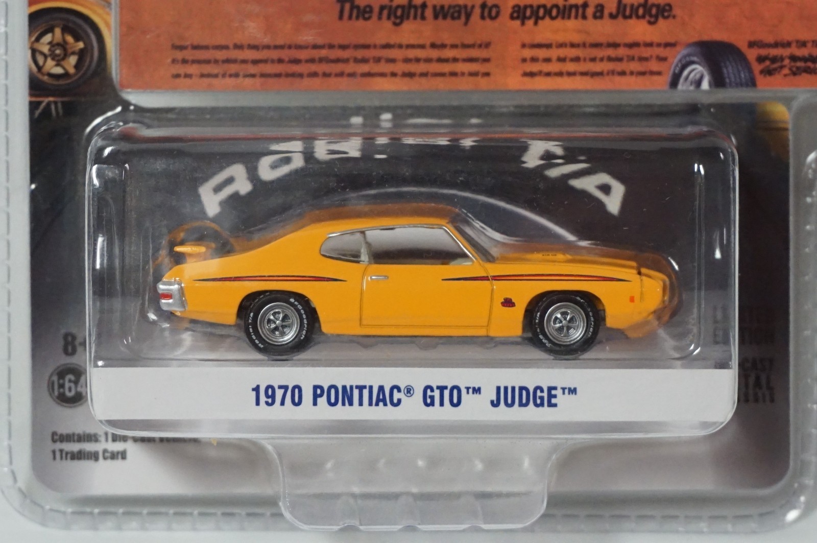 1/64 Greenlight 1970 Pontiac GTO Judge Orange Car BF Goodrich Ad Hobby Exclusive