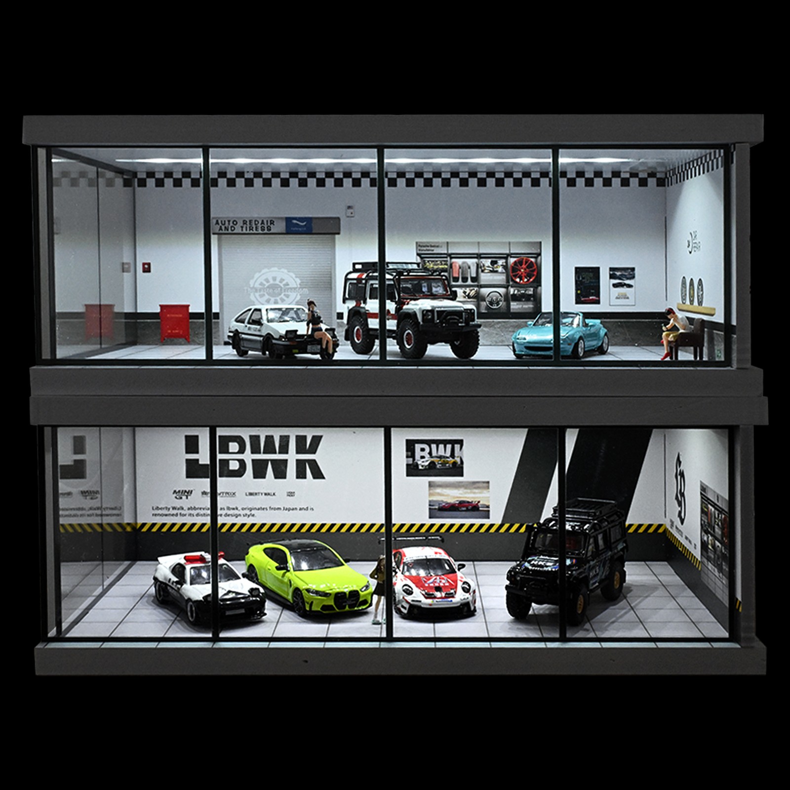 Diorama 1/64 Car Showroom Model LED Lighting Car Garage Backdrop Scene Model Toy