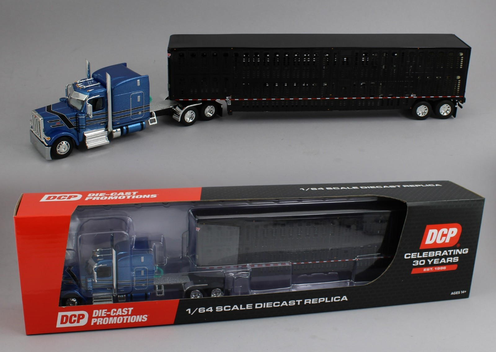 DCP 1:64 *BLUE & BLACK* Peterbilt 589 Midroof w/BLACK Wilsn Livestock Trailer