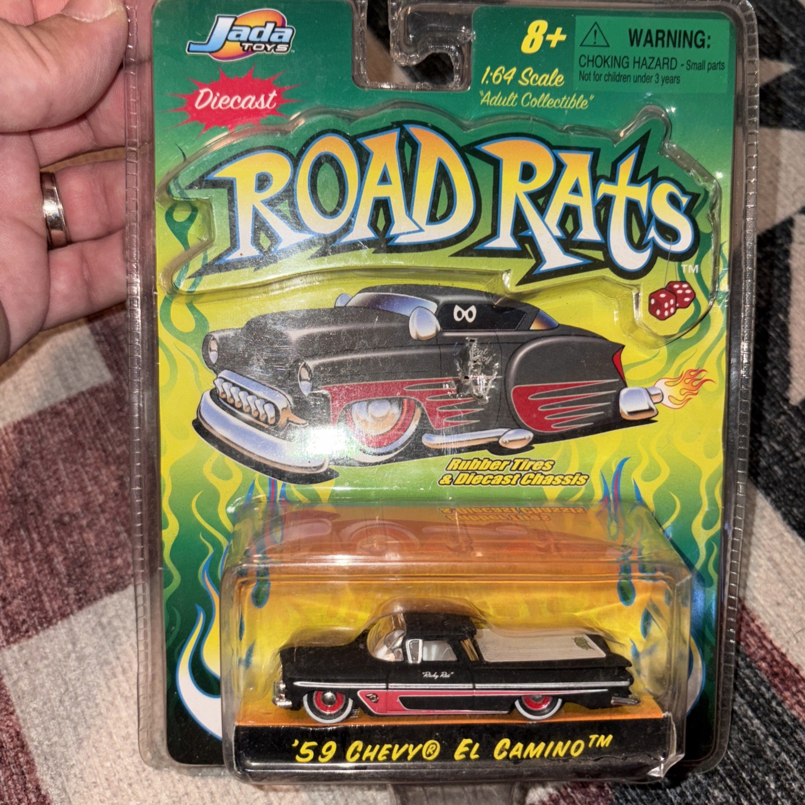 Jada Road Rats 1959 Chevy El Camino Rat Rod 1/64 Scale Diecast Black Flames NIP