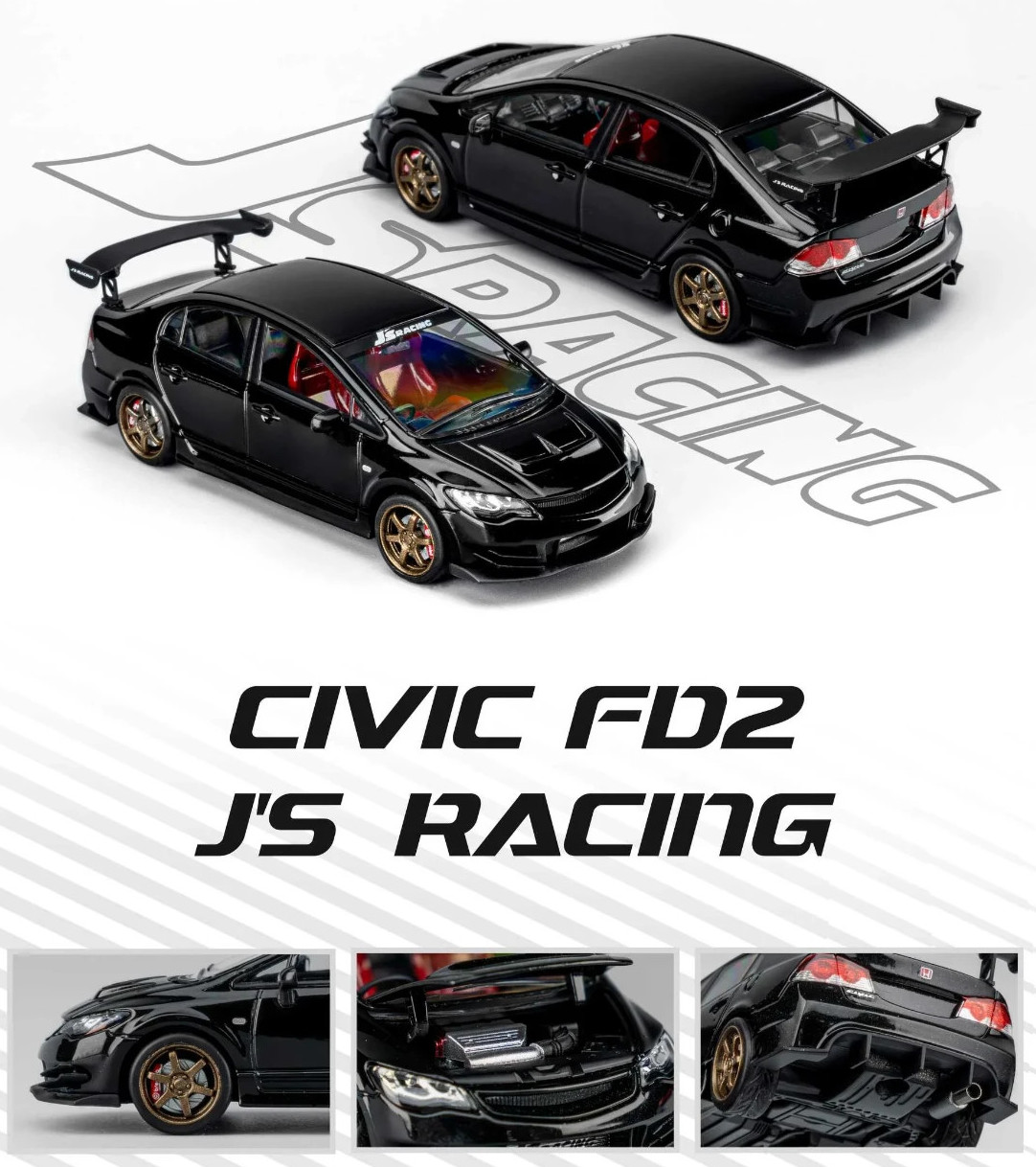 1/64 HONDA CIVIC FD2 J’s Racing W/Interior/Engine Model Car -BLACK-