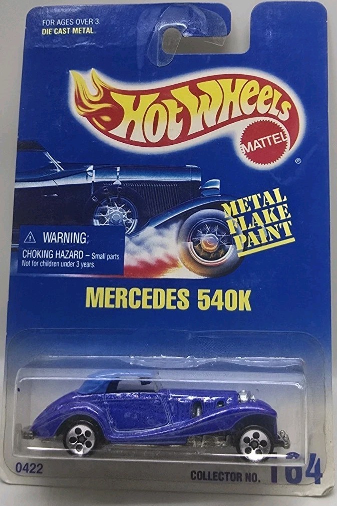 Hot Wheels Mid 1990s Blue Card #164 Mercedes 540K Mtflk Blue w/ BWs Red Flakes