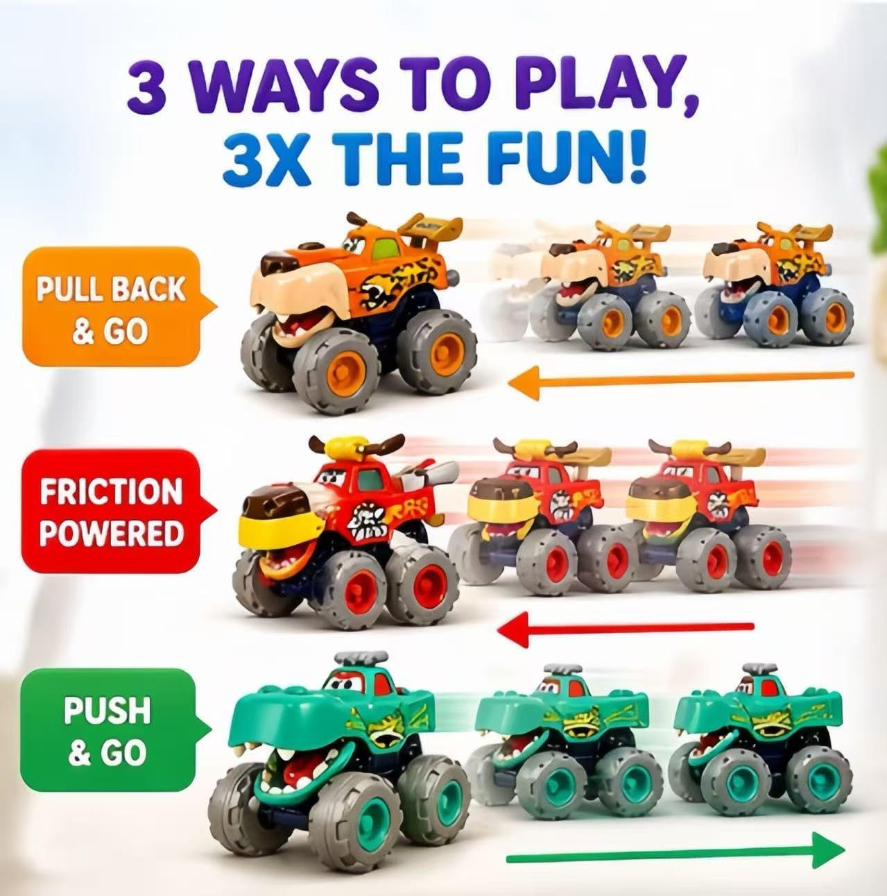 MOONTOY Toy Cars for Toddlers 1-3, 3 Pack Monster Truck Toys for 1 2 3 Year Old