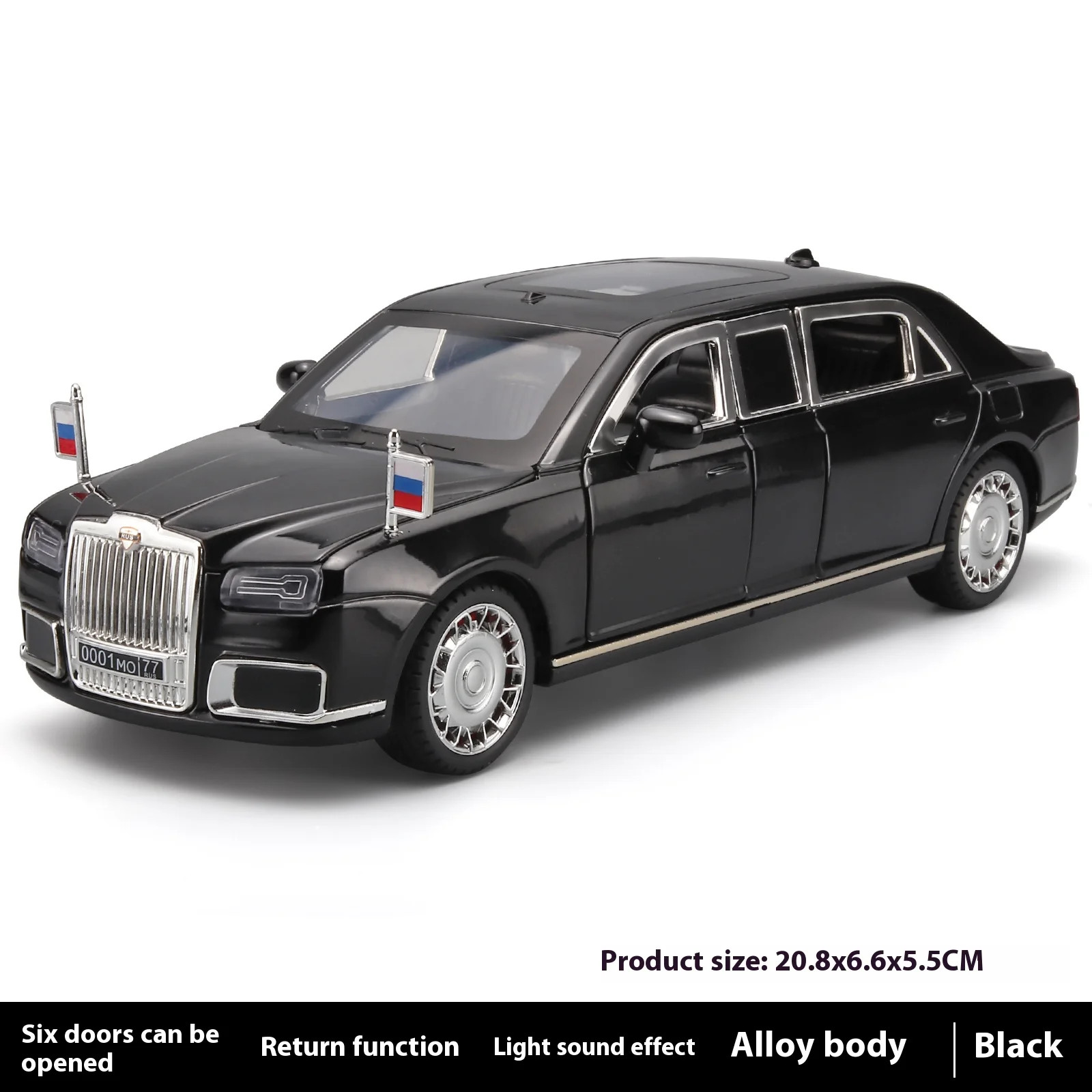 1:24 Aurus Senat Russia Limousine Alloy Diecast Car Model Sound Light Classic Co