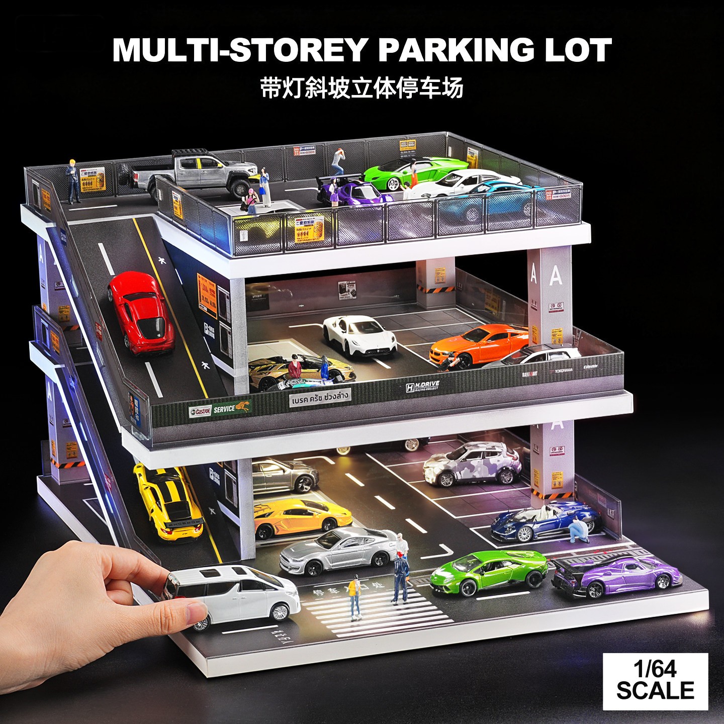 Diorama 1:64 Diorama Multi-Layer Garage LED Lighting Model Car Display Case