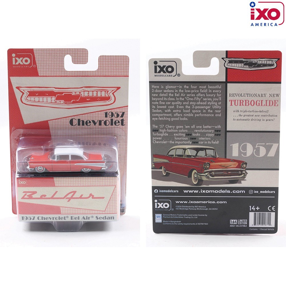IXO AMERICA 1:64 1957 CHEVROLET BEL AIR SEDAN – MATADOR RED & IVORY – AI64008