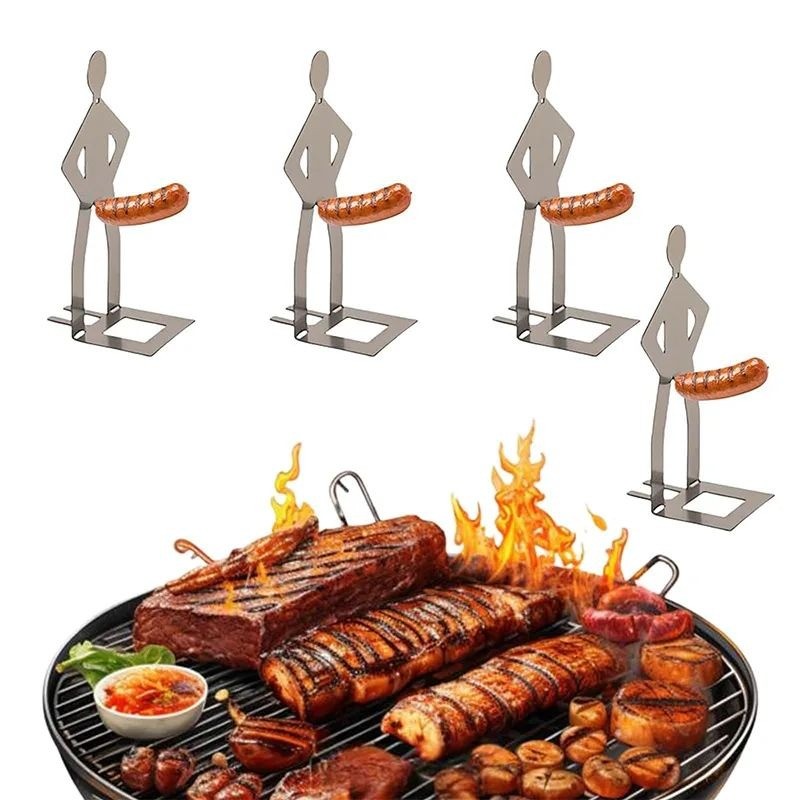 2-4Pcs Foldable BBQ Grill Rack Standing Man Shape Funny Hot Dog Roaster Holder