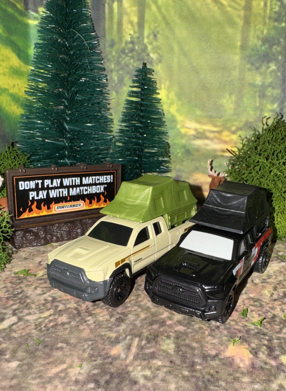 Lot Of 2 Toyota Tacoma Matchbox w/ Removable Camp Tent Black & Tan NLFFP 1:64 DC