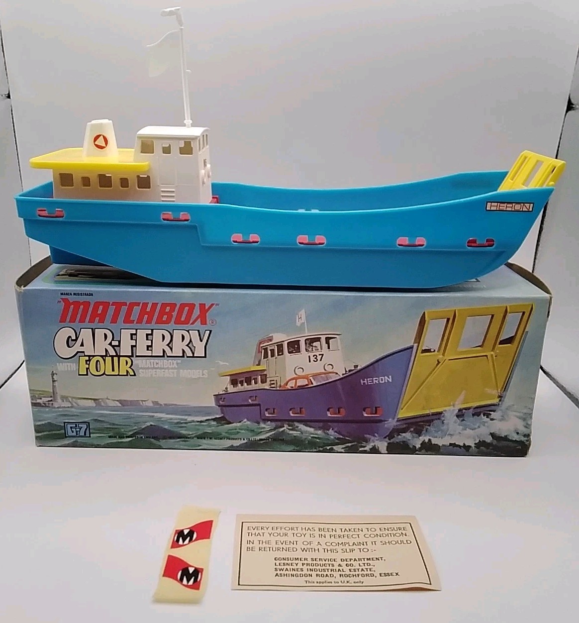 Matchbox Car-Ferry G-7 w/box, flag, paper 1971 – CARS MISSING!