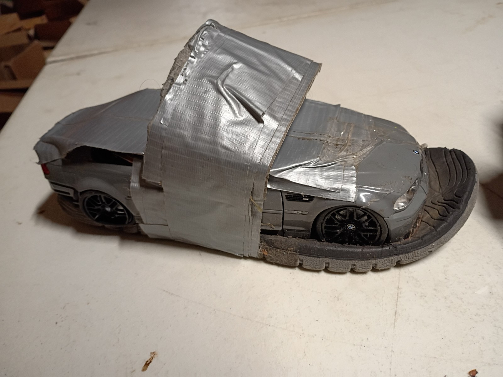 pair of Solido 2000 BMW E46 M3 Grey 1:18 flip flops crushed cars