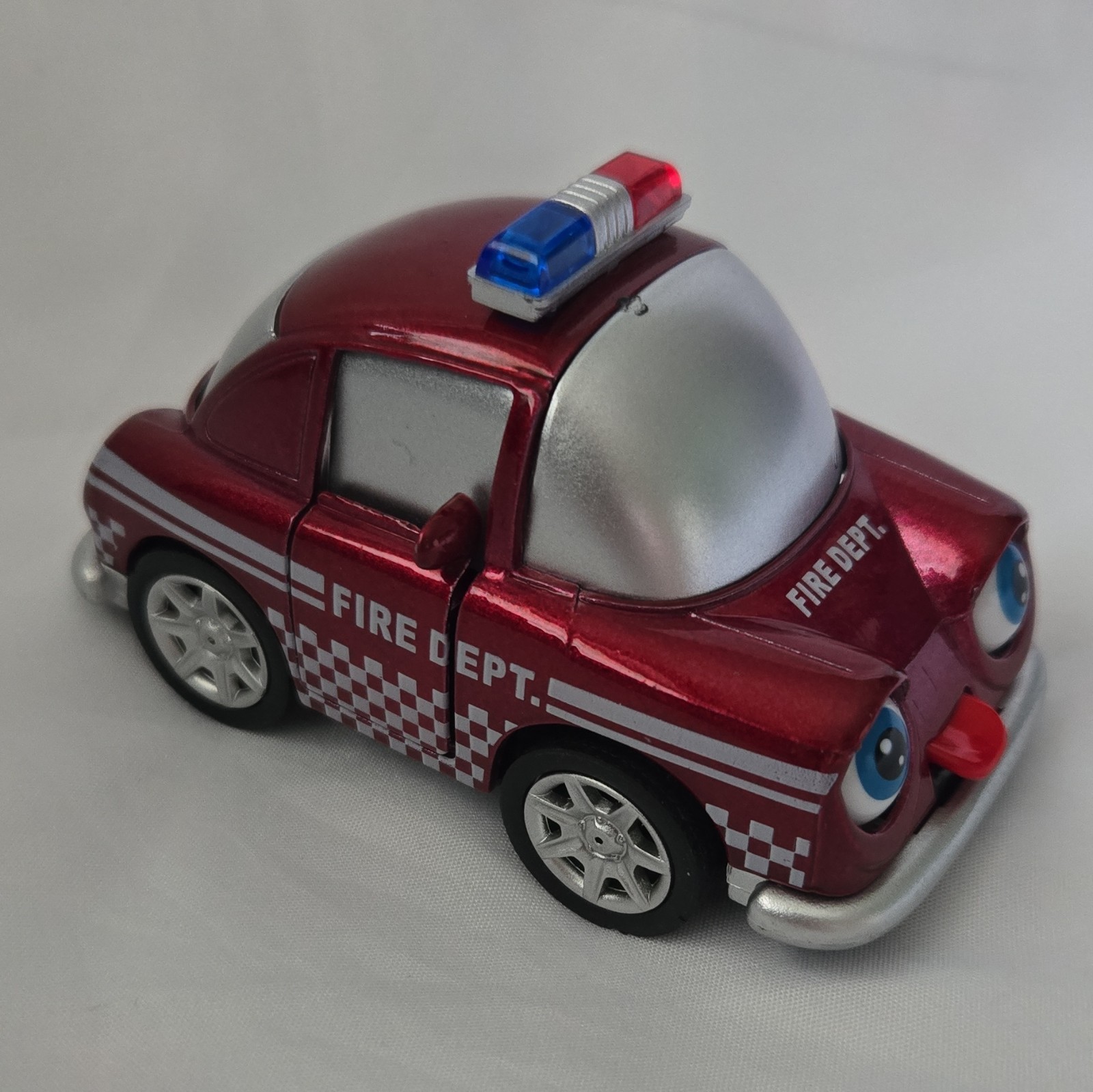 Fire Dept Diecast-Style Car Red/Silver w/ Light Bar, Opening Doors Moving Eyes