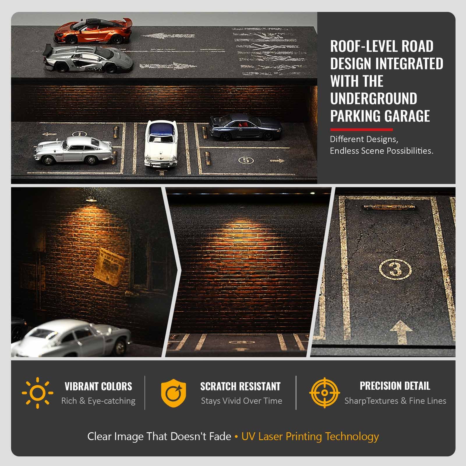 US Diorama 1/64 Diecast Garage Model LED Lighting Parking Car Display Case Model