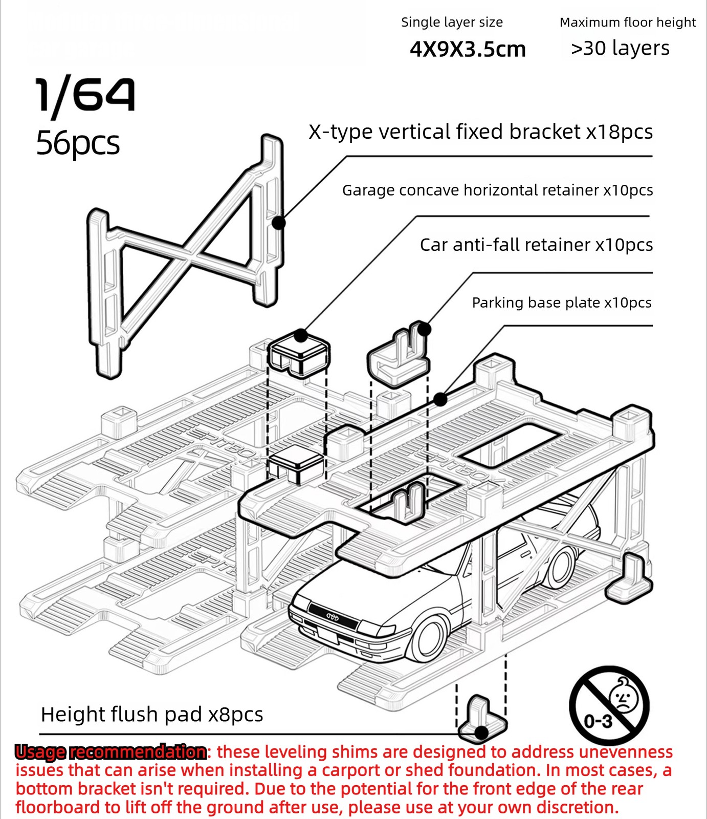 US Diorama 1/64 Parking Rack Model Set Garage Magnetic Acrylic Display Case Gift