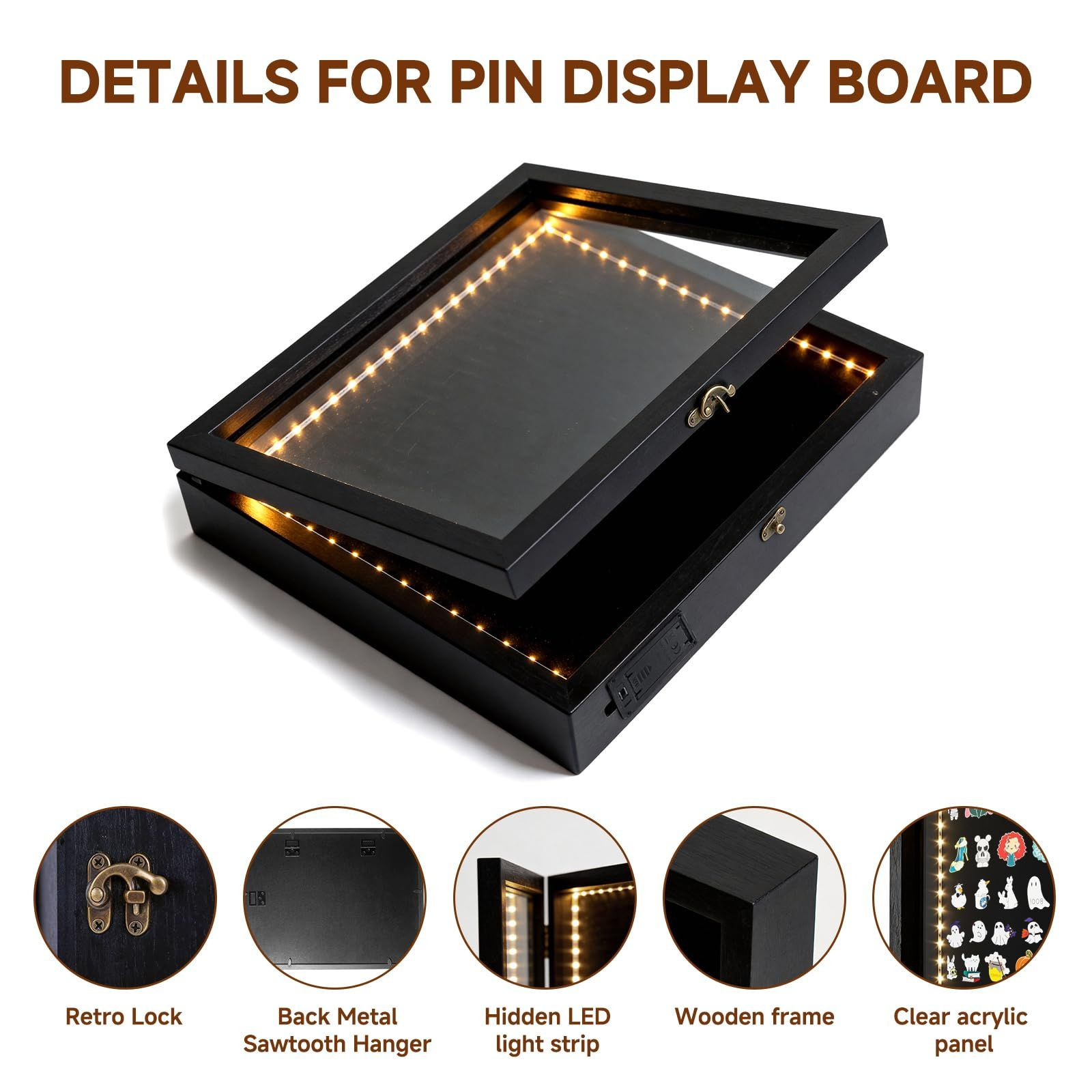 Light Up Pin Display Case – 12×16 Black Shadow Box Frame with Opening