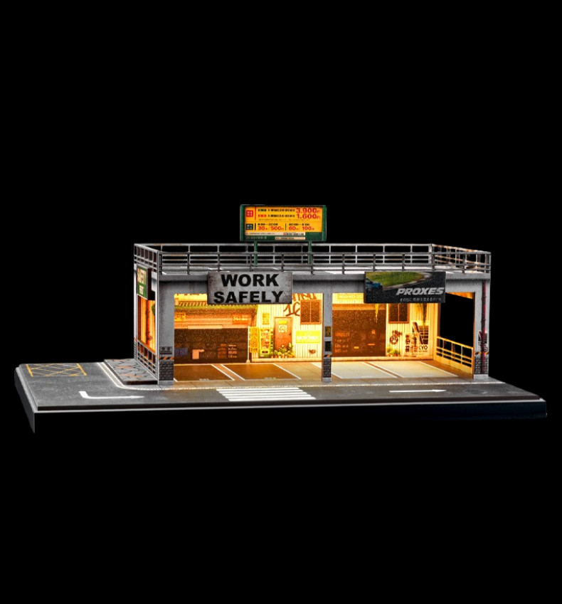 Diorama 1:64 Car Garage Model LED Lighting Repair Shop Building Scene Model Toy
