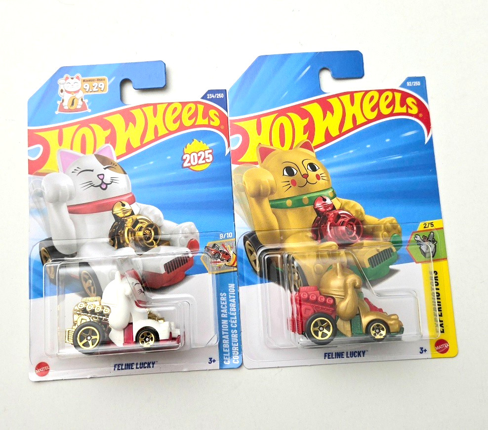Hot Wheels Feline Lucky Gold #92 – 2026 Experimotors + 2025 white #234 – 2pcs