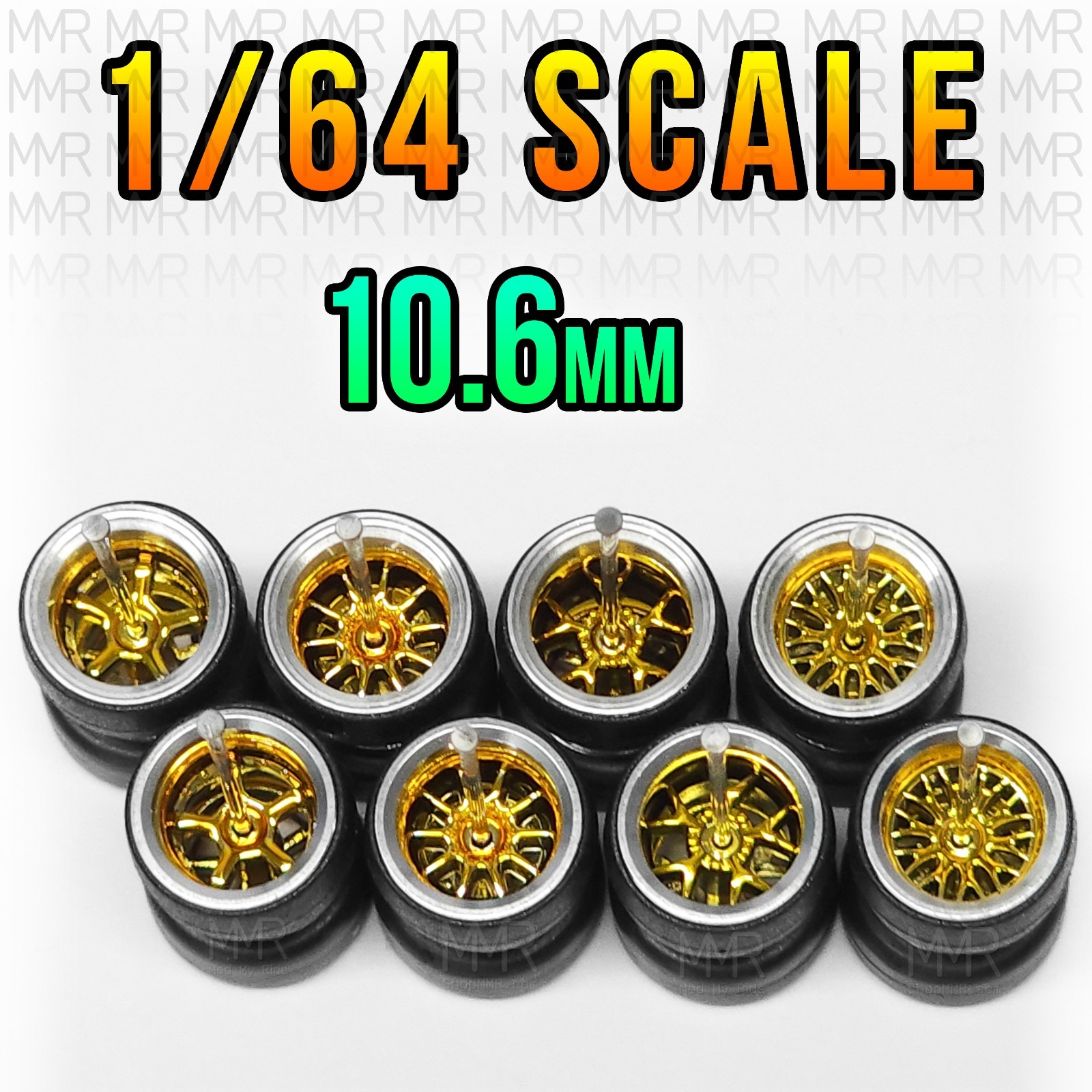 1/64 Scale CHROME GOLD STANCE ALLOY v2 Real Rider Wheels Rims Tires Set for Hot