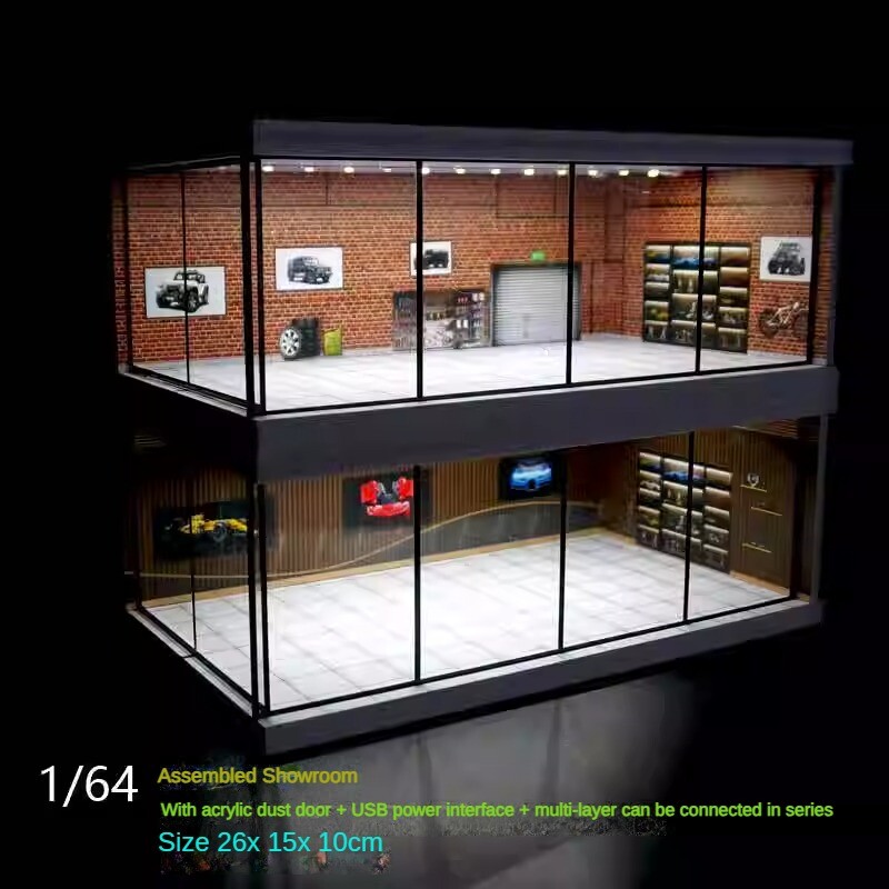 1:64 Diorama Car Showroom Model LED Lighting City Car Garage Scene Display Model