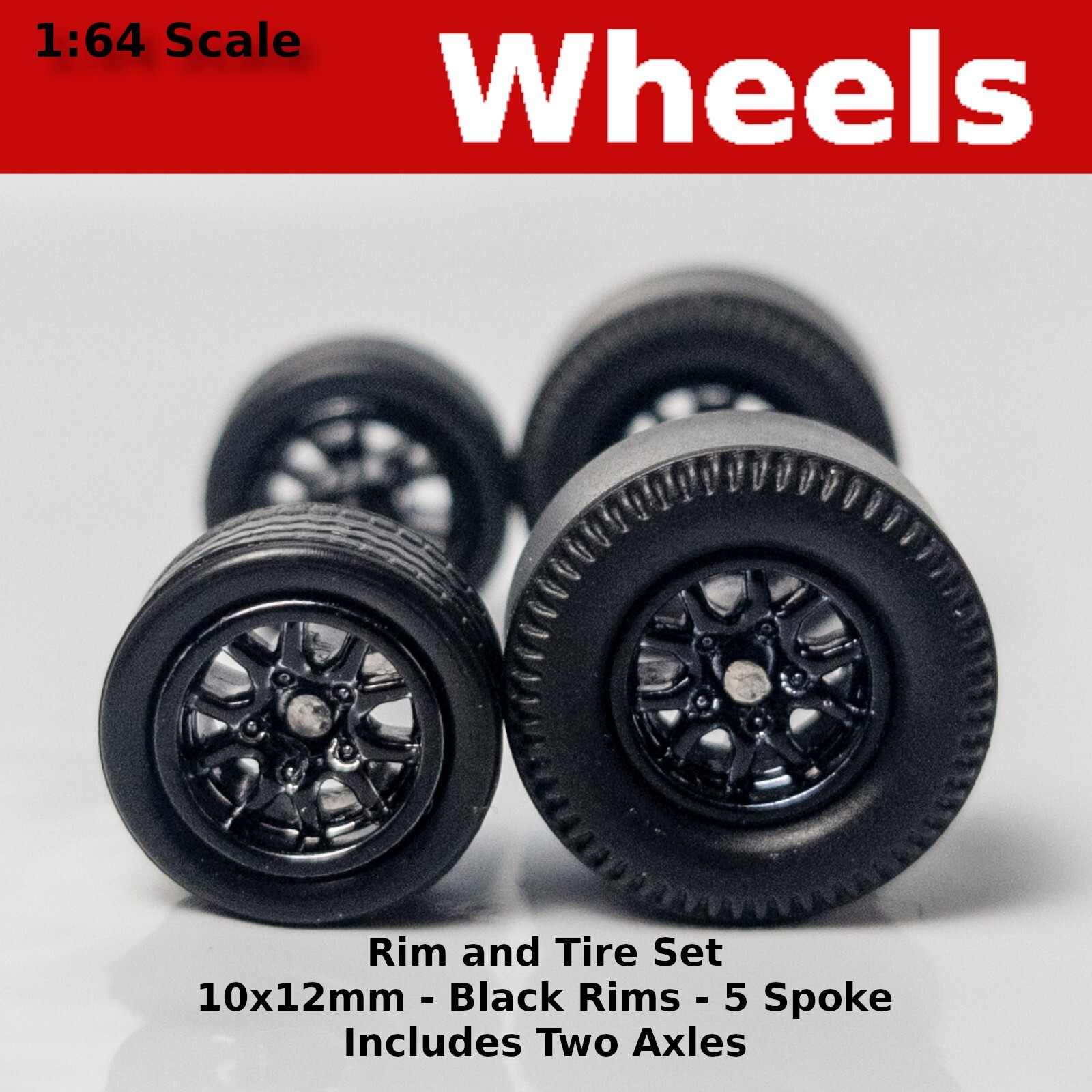 Muscle Car Long Axle – Black 10 spoke Drag Slicks – 10mm/12mm for Hot Wheels
