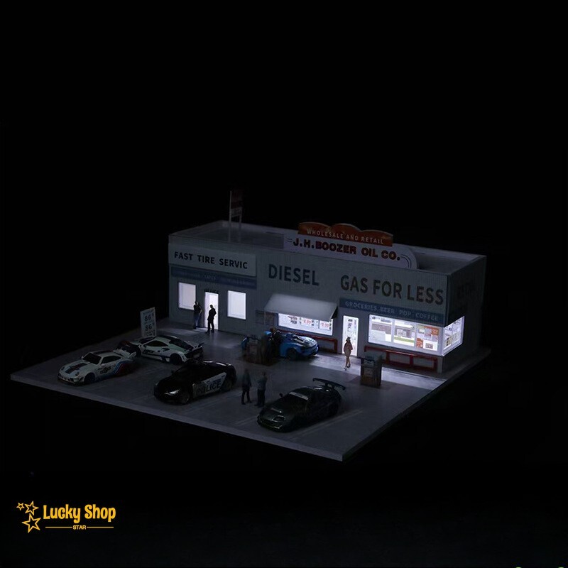 Diorama 1/64 Car Parking Lot Model LED Lights City Car Gas Station Scene Display