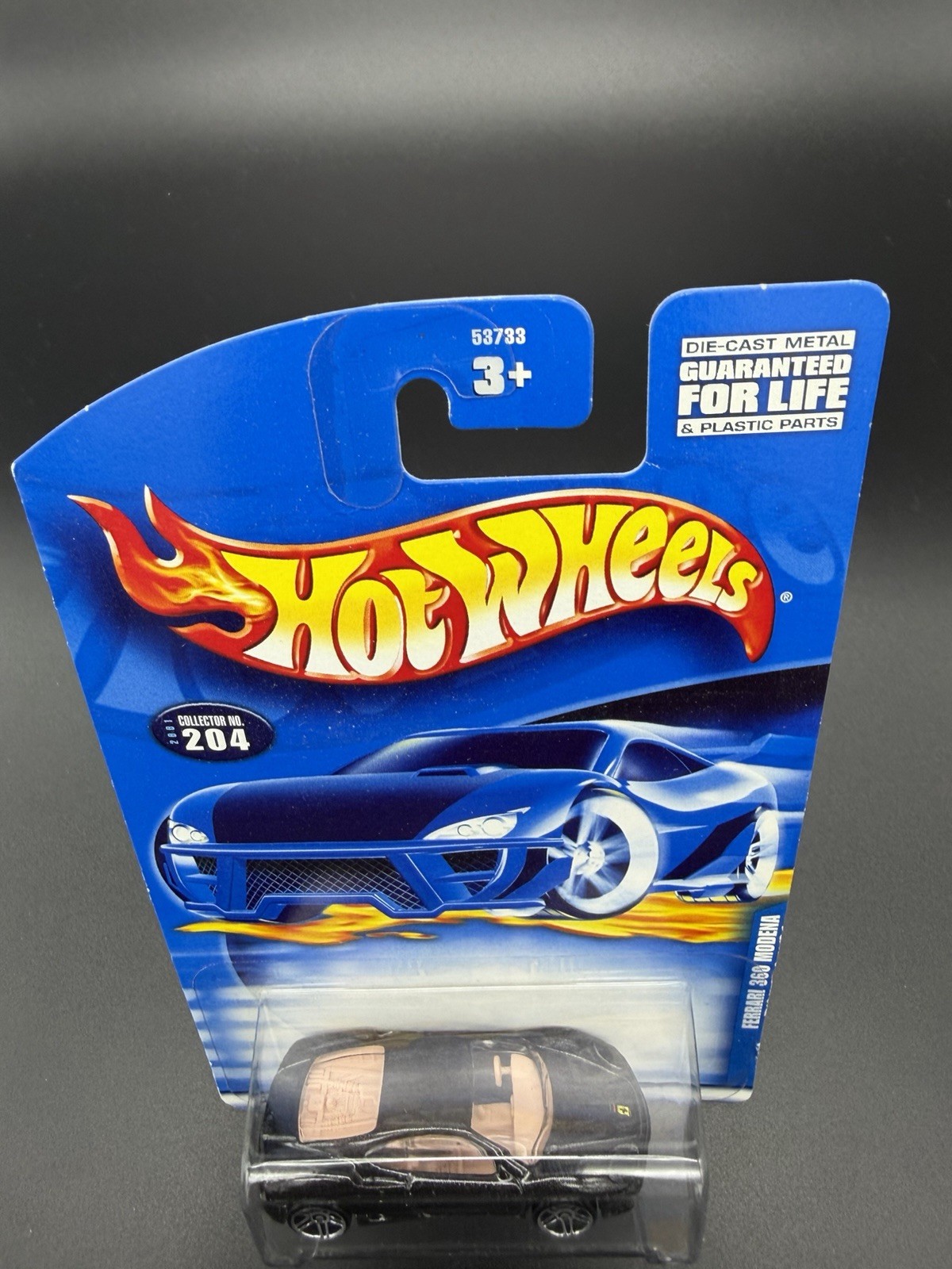 Hot Wheels Ferrari 360 Modena Black Tan 204 Vintage 2001 Blue Card NIP