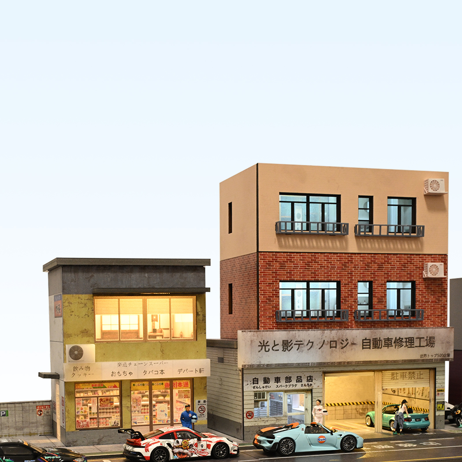 1/64 Diorama Car Garage Model LED Light City Street House Building Model Display