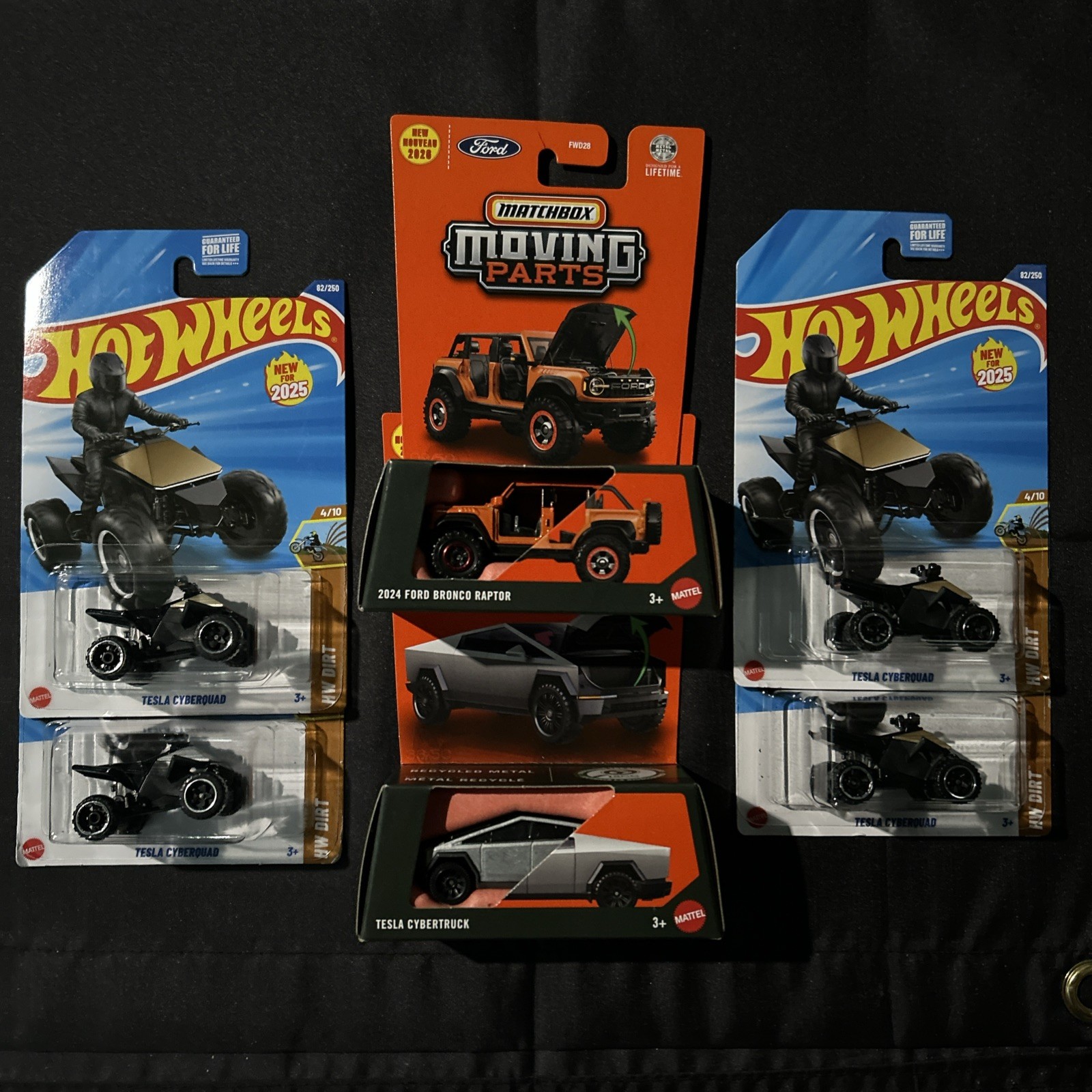 Matchbox Moving Parts TESLA CYBERTRUCK & Ford Bronco Raptor. Plus 4 Cyberquad