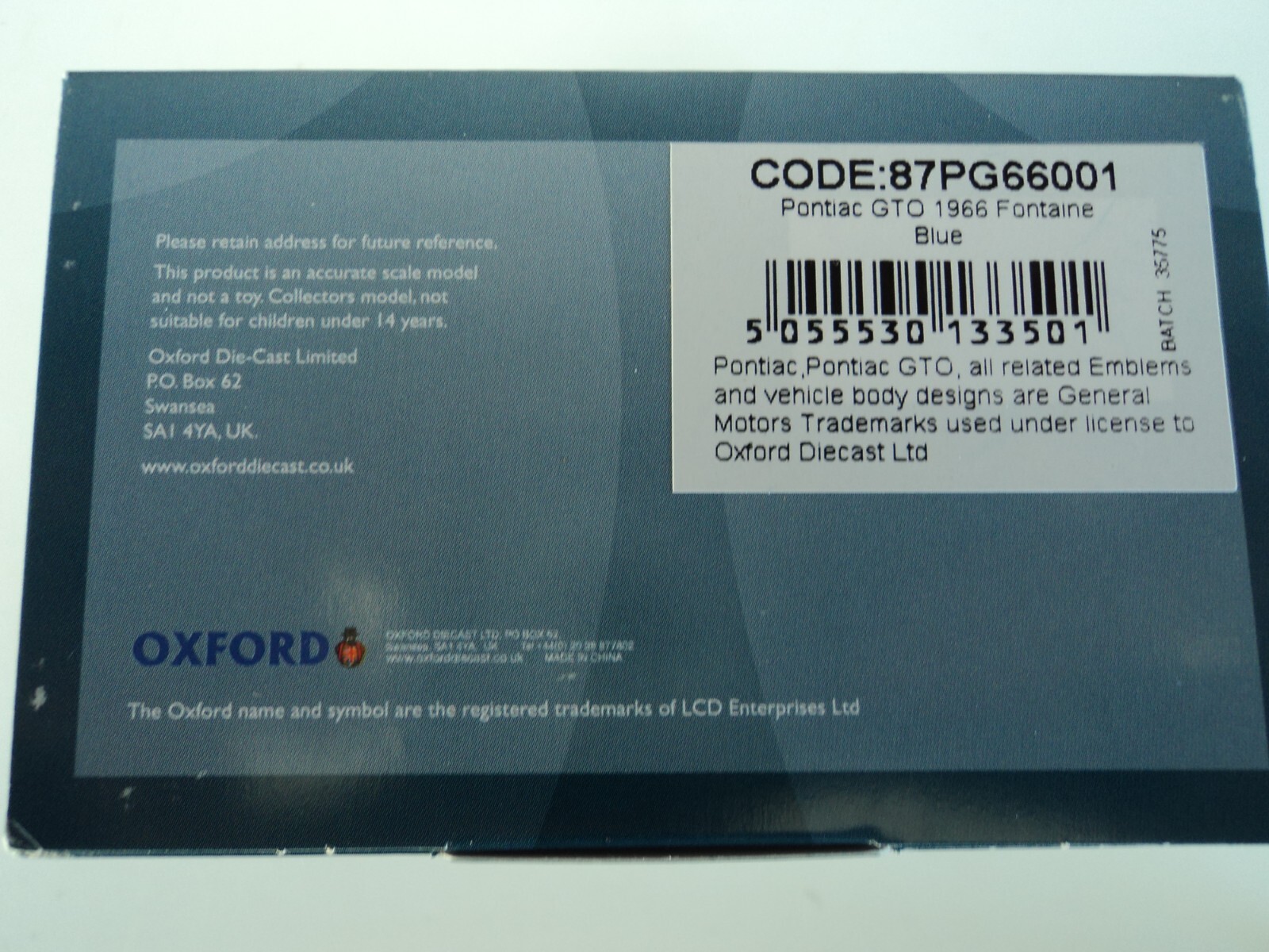 Oxford 1966 Pontiac GTO Blue 1/87 HO diecast