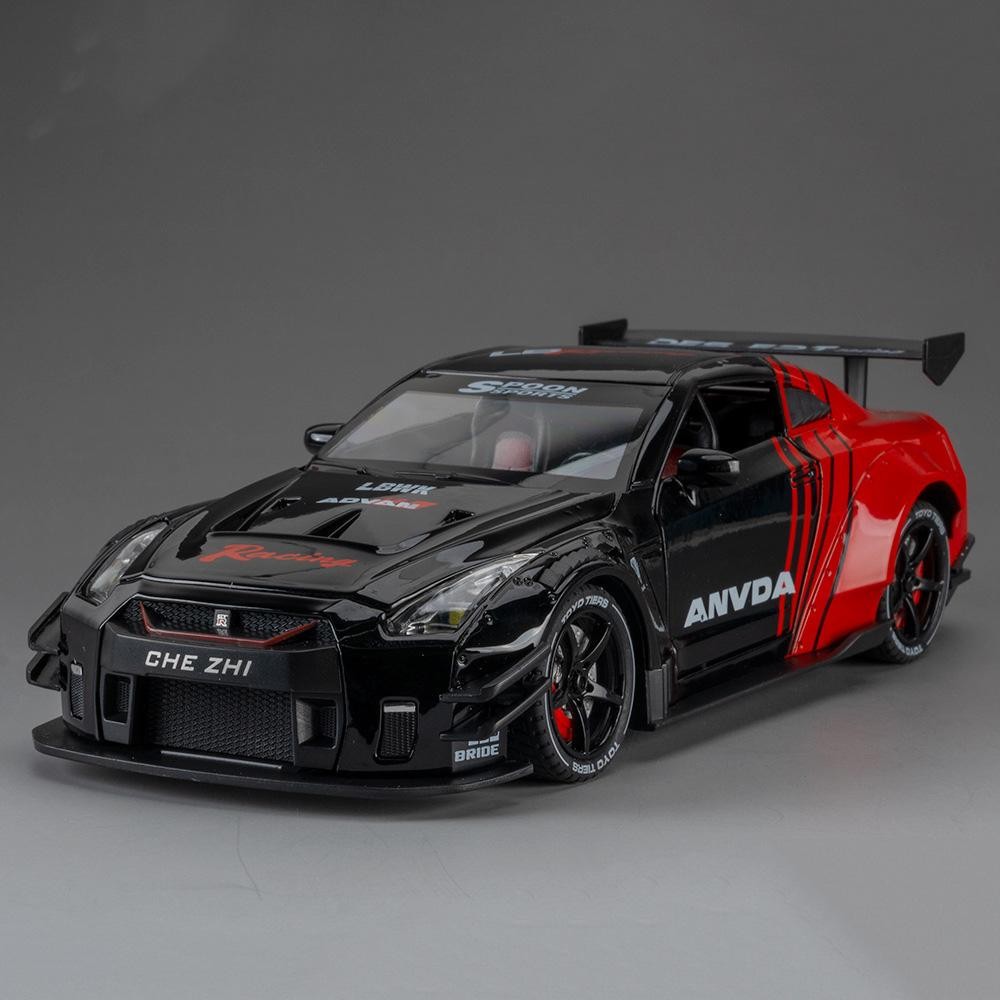 1:24 GTR Diecast Alloy Car Model Sound Light Pull Back Steering Doors Toy Gift