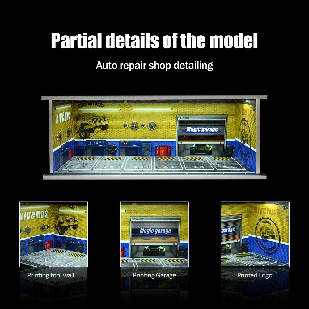 1/64 Diorama Car Garage LED Lighting Car Repair Workshop Scene Display Model Toy
