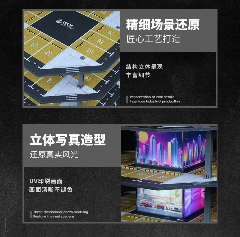 1/64 Diorama Diecast Car Garage Model LED Parking Lot Street Building Scene Gift